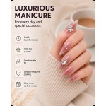 Nude‑Pink Glitter Ombre Rhinestone Press‑On Nails, Romantic Long Almond False Nails